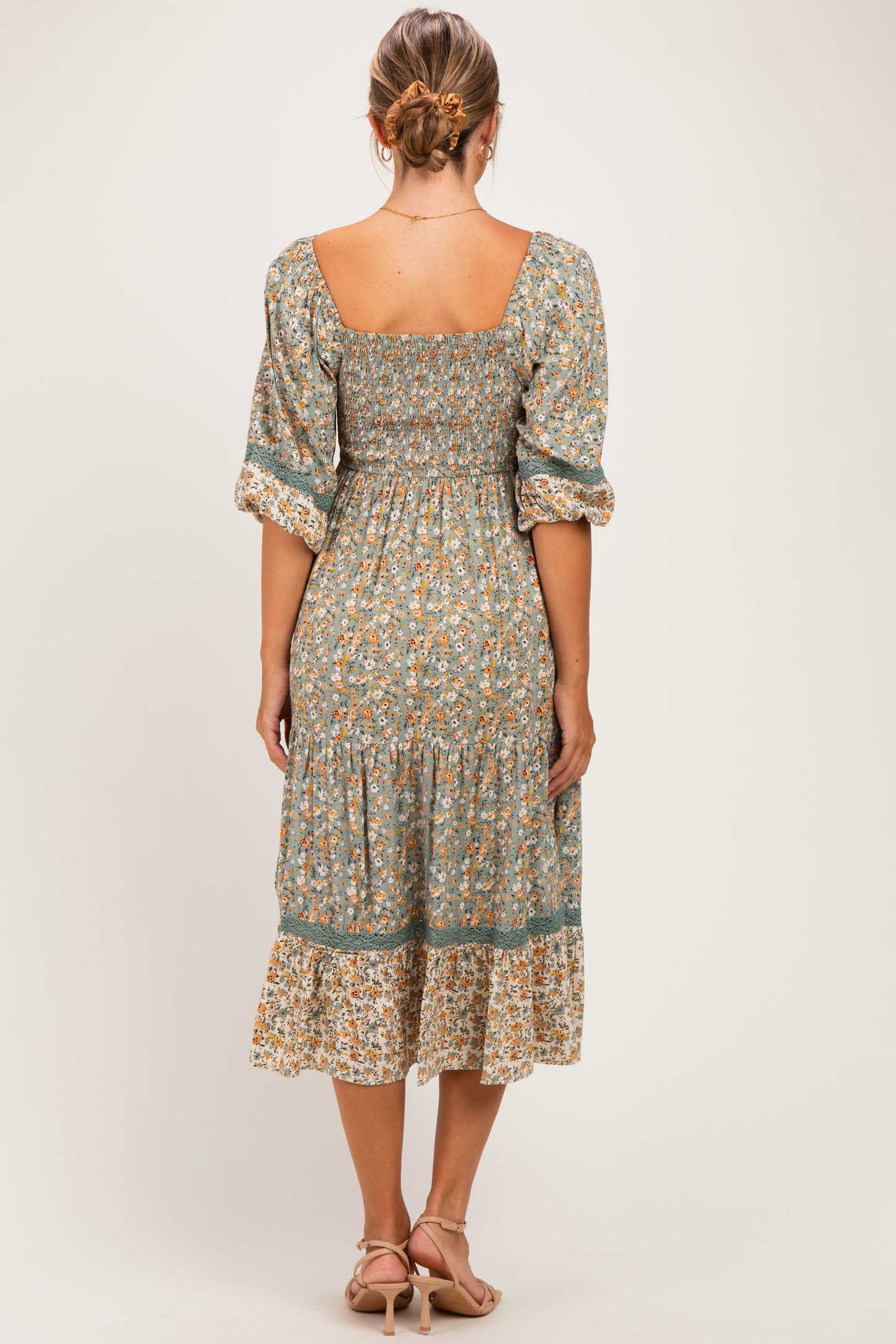 Sage Floral Lace Trim Smocked Maternity Midi Dress