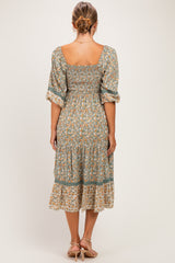 Sage Floral Lace Trim Smocked Maternity Midi Dress