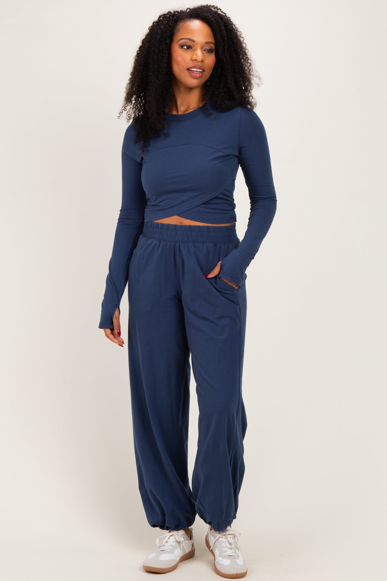 Smoky Navy Cropped Long Sleeve Pant Set