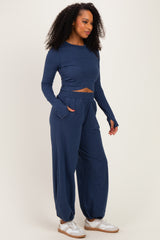 Smoky Navy Cropped Long Sleeve Pant Set