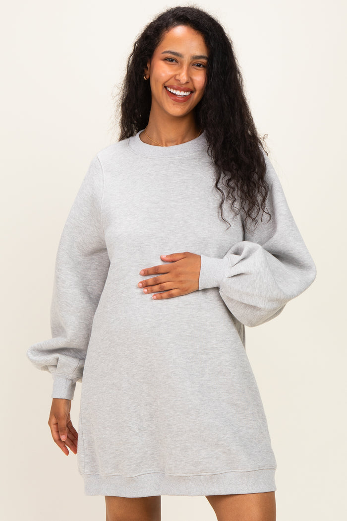 Grey Marl Oversized Bubble Sleeve Maternity Sweatshirt Dress