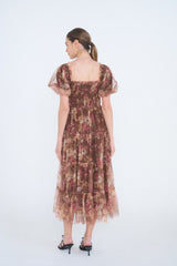 Light Brown Floral Polka Dot Tulle Midi Dress