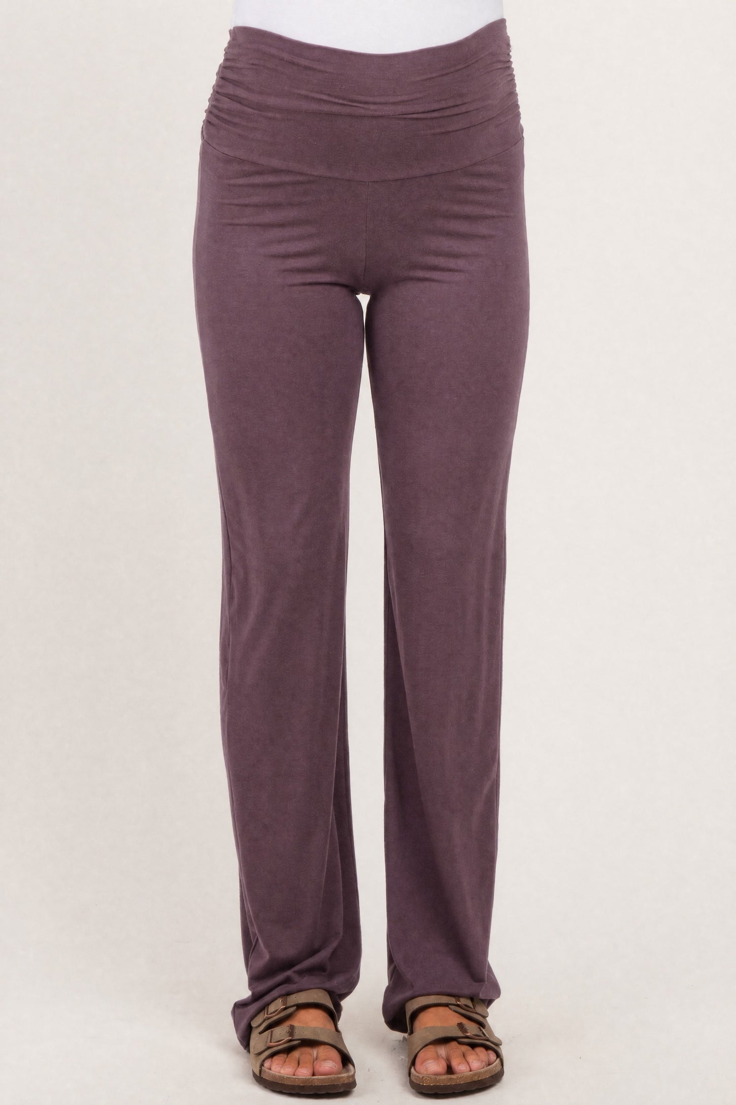 maternity wear purple stretchy wide-leg pants with a ruched waistband