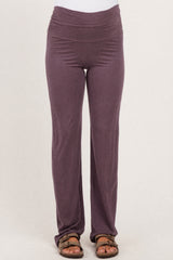 maternity wear purple stretchy wide-leg pants with a ruched waistband