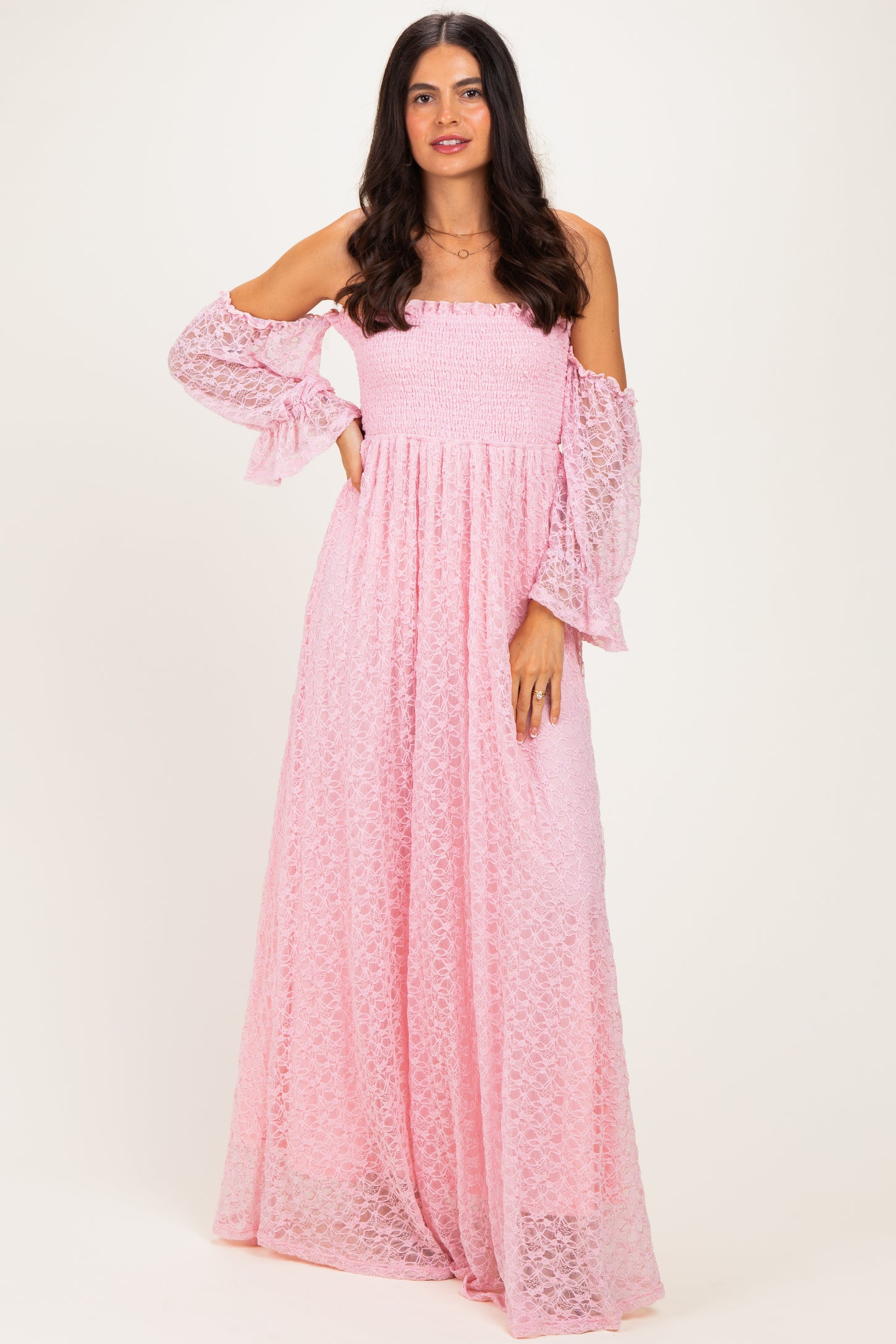 Pink Lace Off Shoulder Long Sleeve Dress