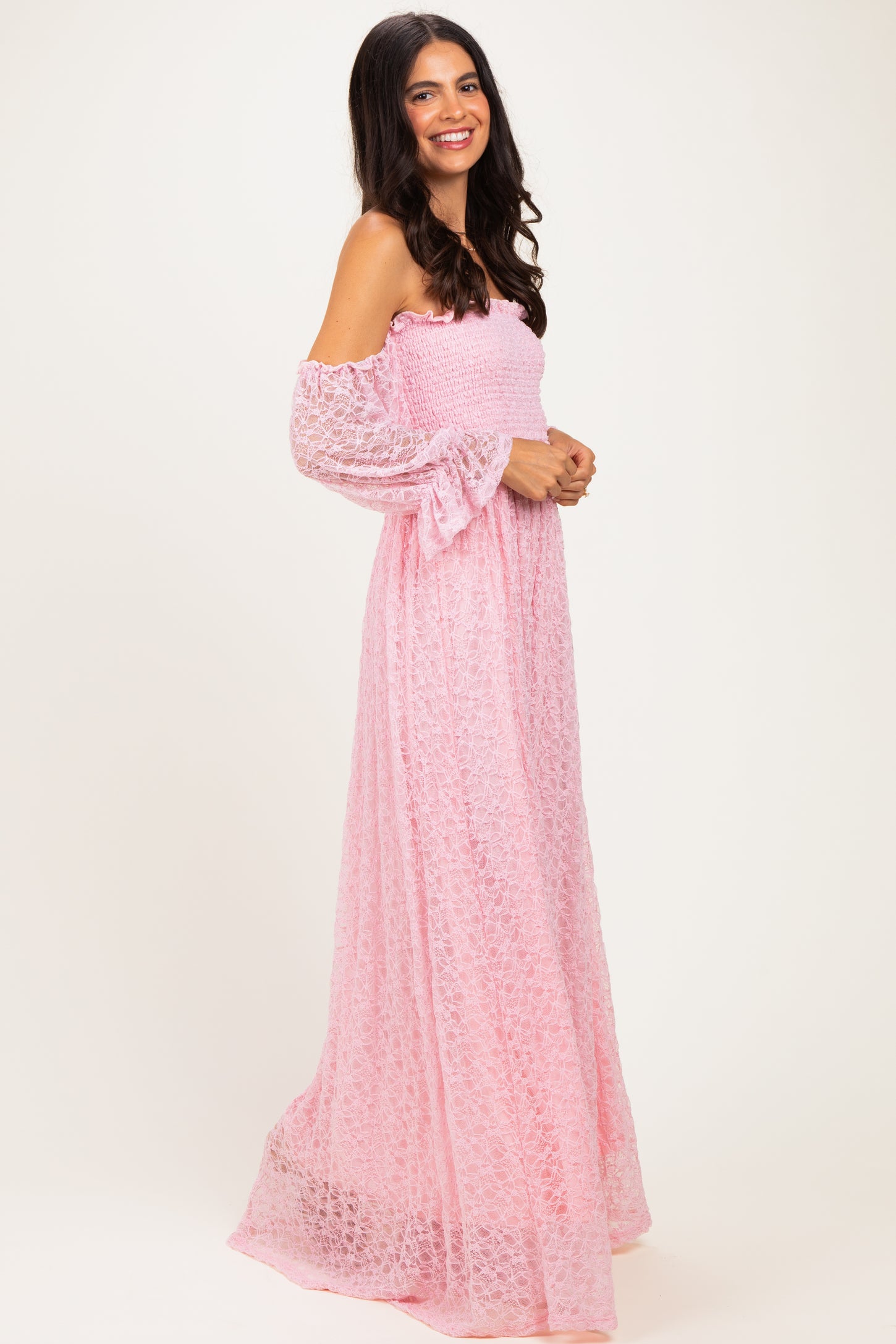 Pink Lace Off Shoulder Long Sleeve Dress