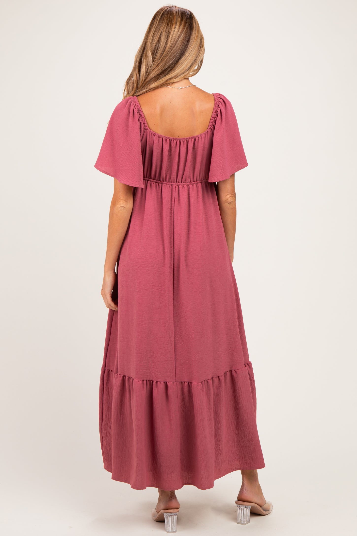 Mauve Flutter Sleeve Ruffle Hem Maternity Maxi Dress