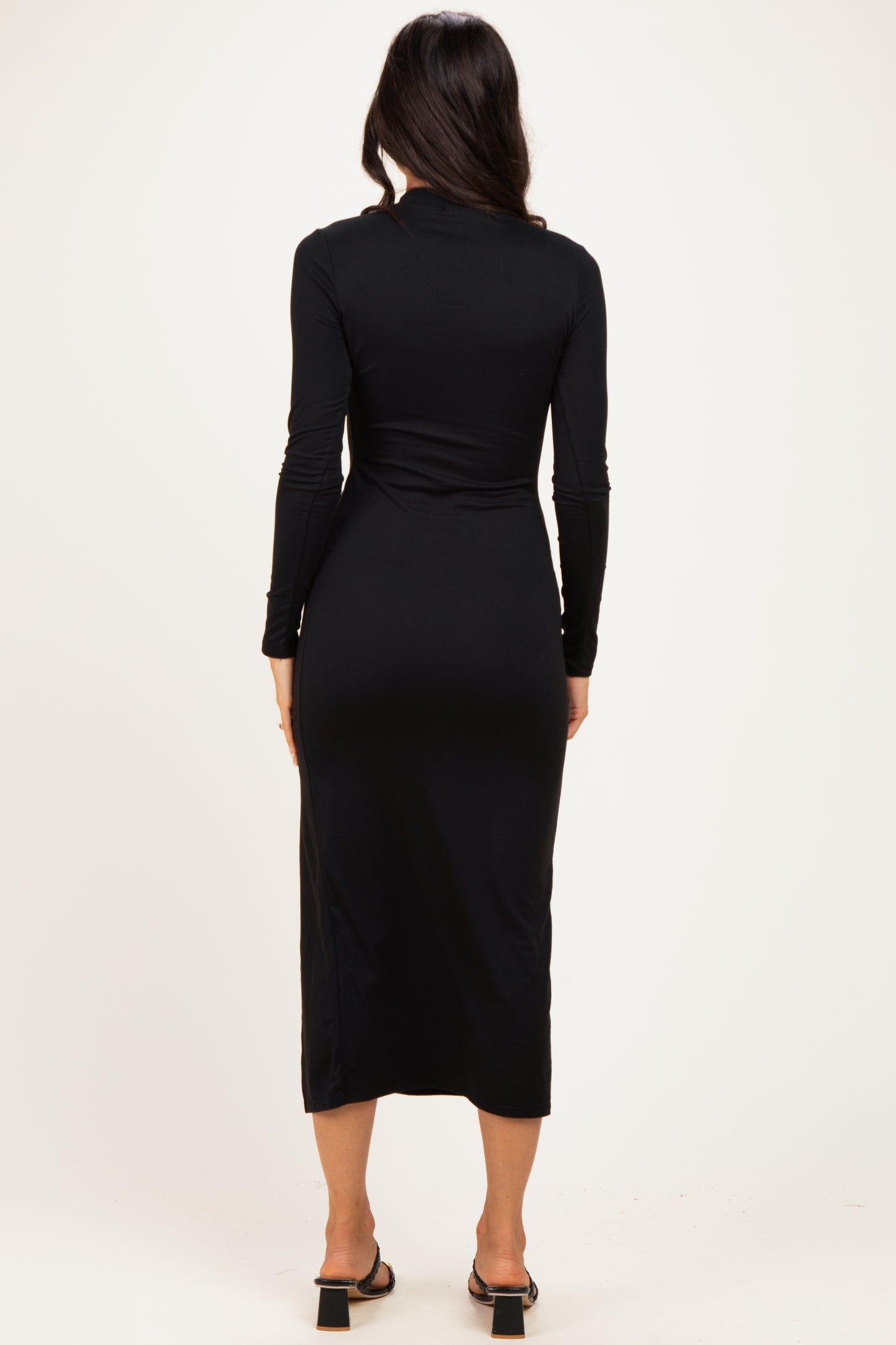 Black Mock Neck Front Slit Long Sleeve Maxi Dress