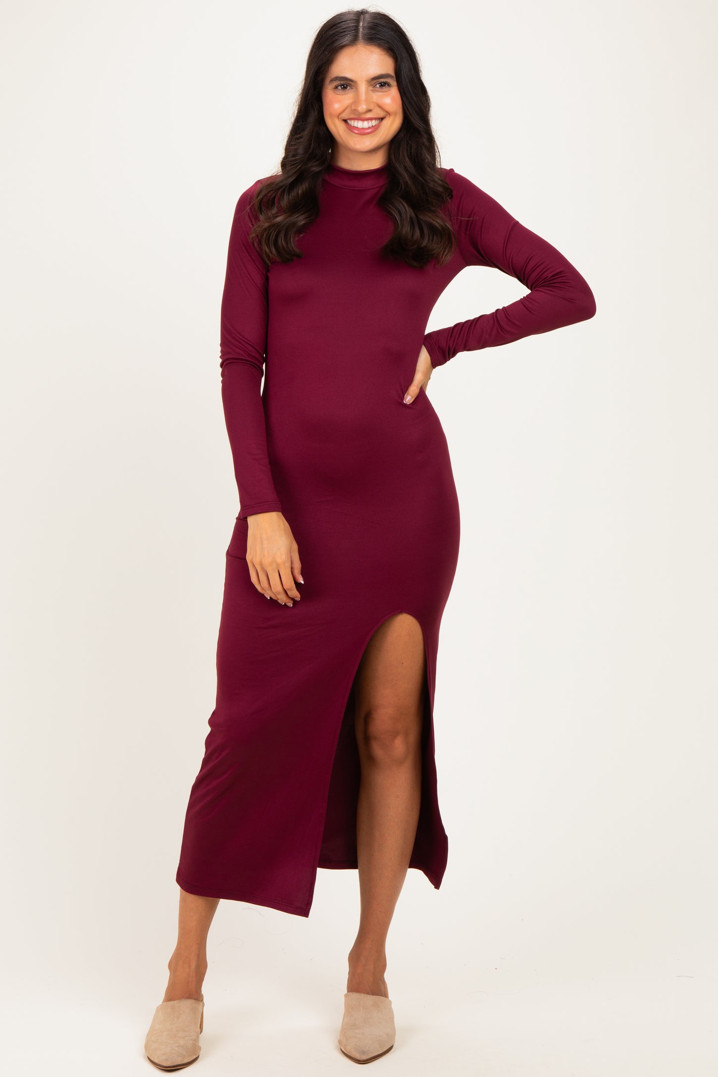 Burgundy Mock Neck Front Slit Long Sleeve Maxi Dress