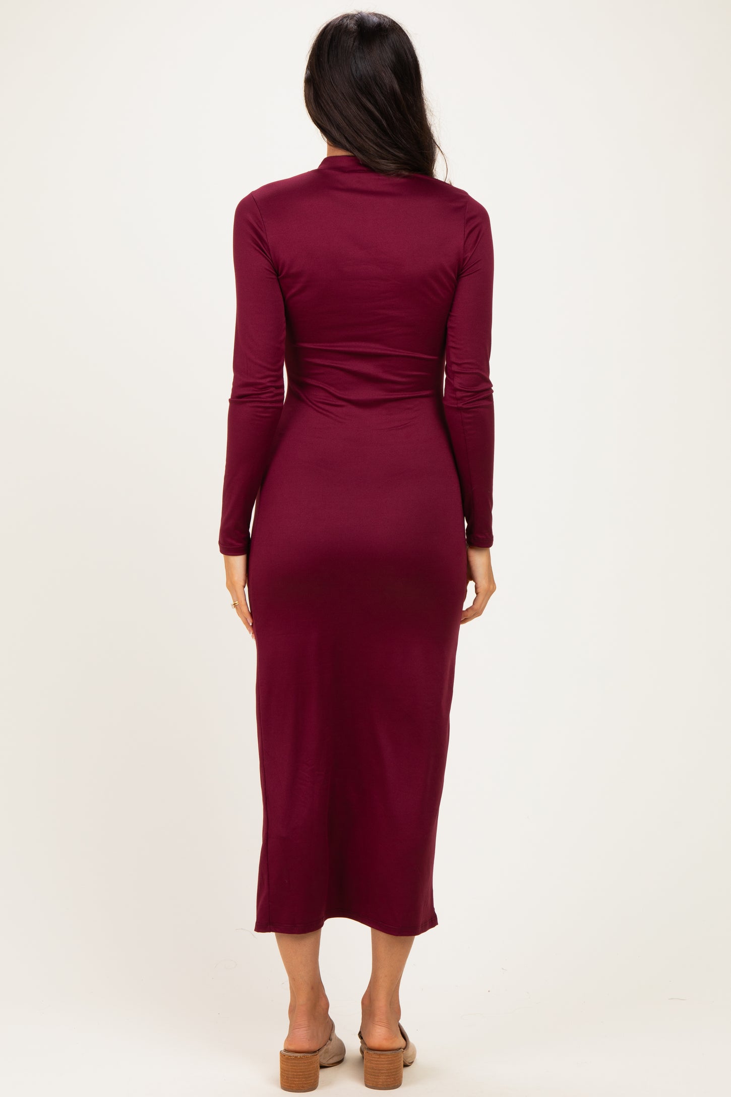 Burgundy Mock Neck Front Slit Long Sleeve Maxi Dress
