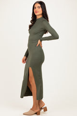 Olive Mock Neck Front Slit Long Sleeve Maxi Dress