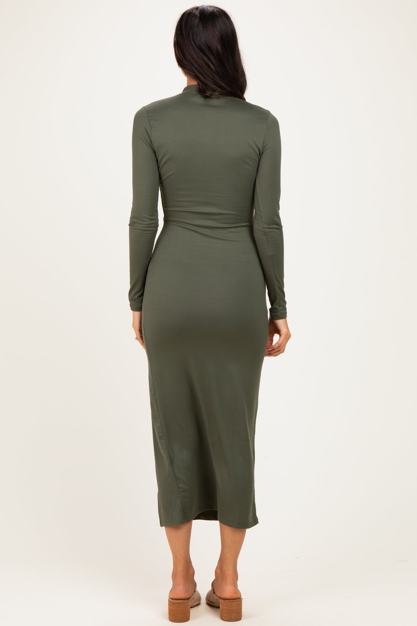 Olive Mock Neck Front Slit Long Sleeve Maxi Dress