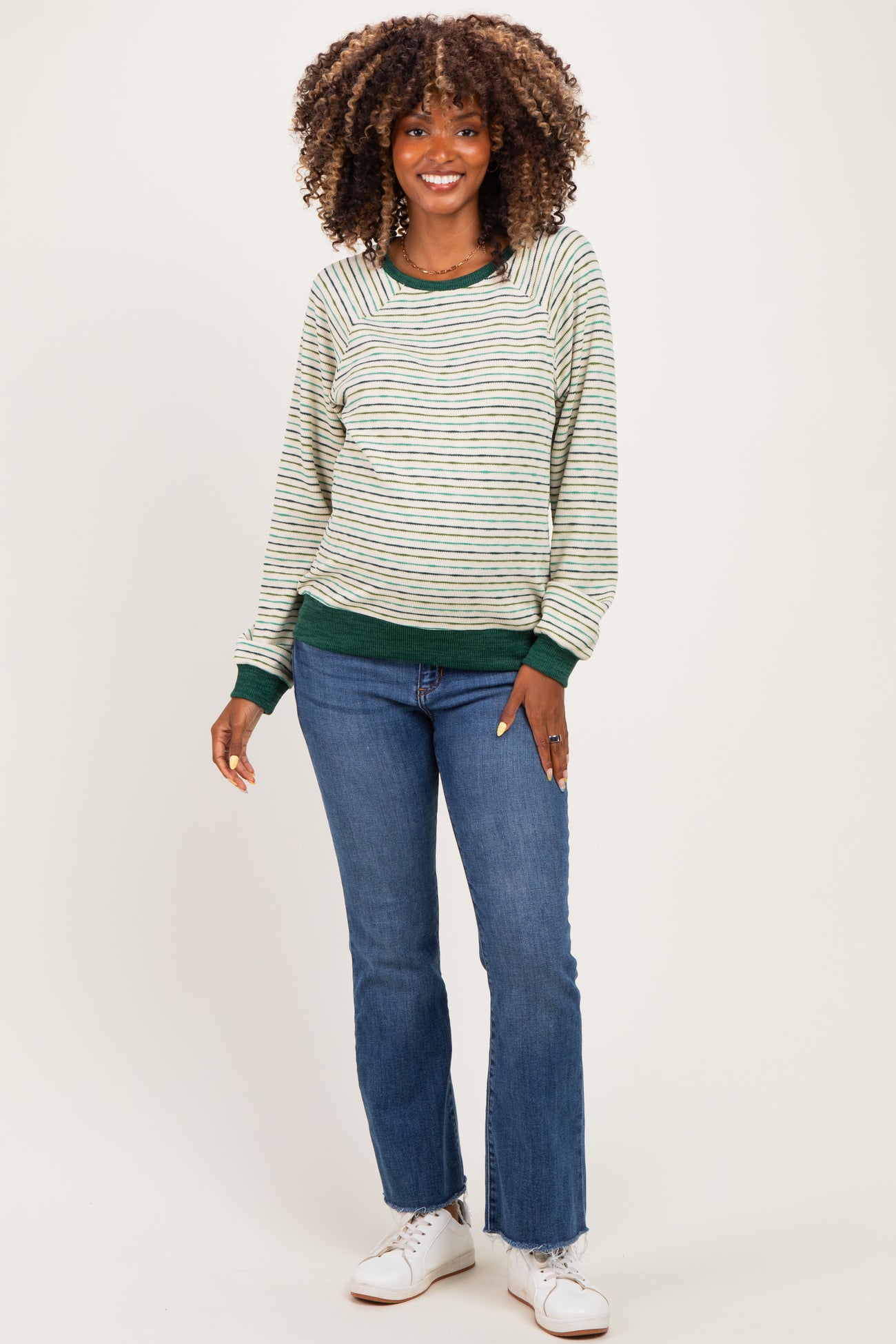 Hunter Green Muticolor Striped Long Sleeve Maternity Top