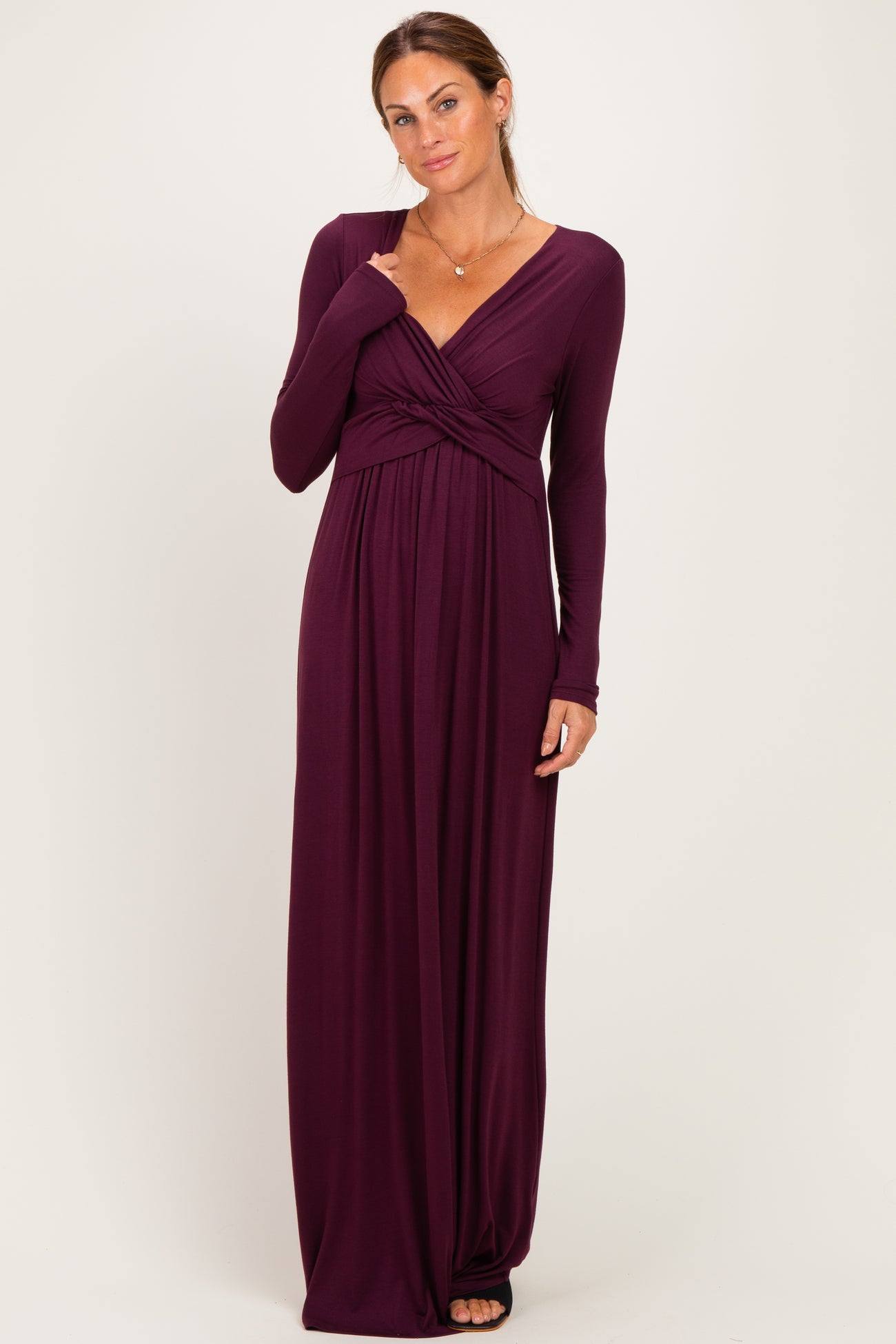 PinkBlush Burgundy Long Sleeve Draped Nursing Maxi Dress