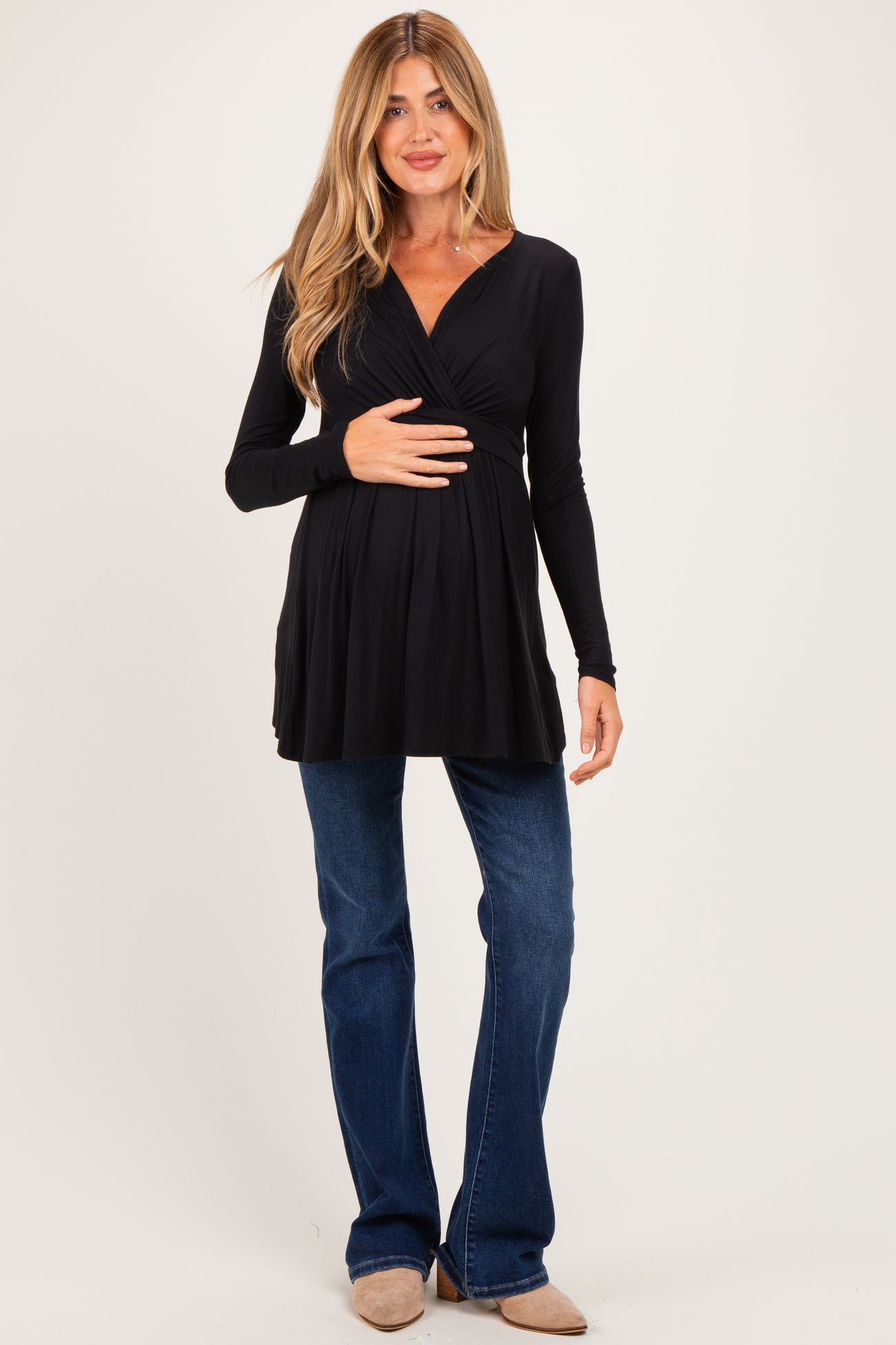 PinkBlush Black Long Sleeve Draped Front Maternity Nursing Top