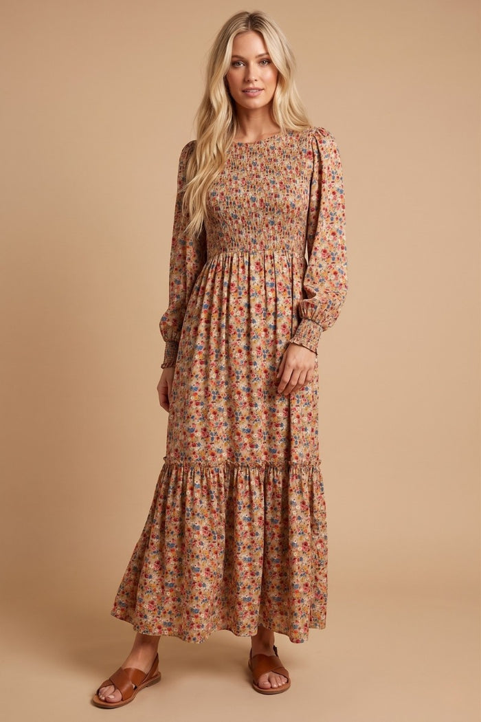 Taupe Floral Smocked Long Sleeve Maternity Midi Dress
