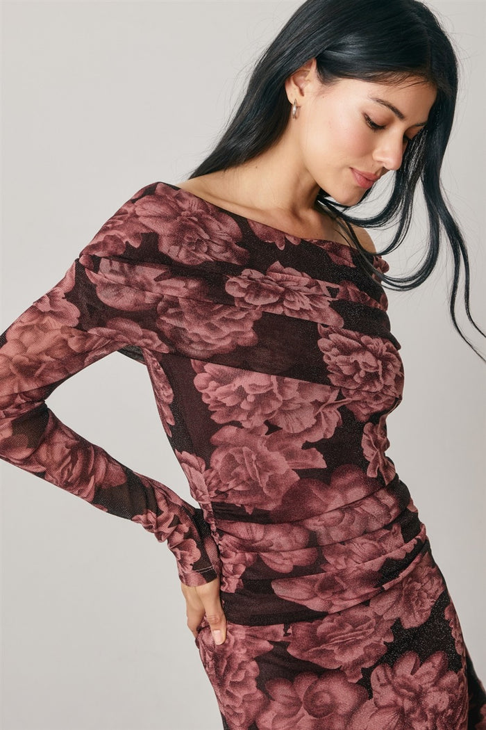 Mauve Floral Off Shoulder Maxi Dress