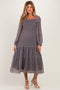 Dark Brown Floral Smocked Long Sleeve Maternity Midi Dress