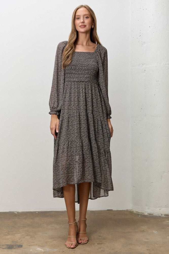 Dark Brown Floral Smocked Long Sleeve Midi Dress