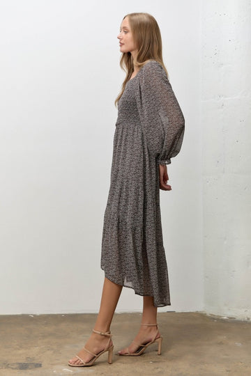 Dark Brown Floral Smocked Long Sleeve Midi Dress