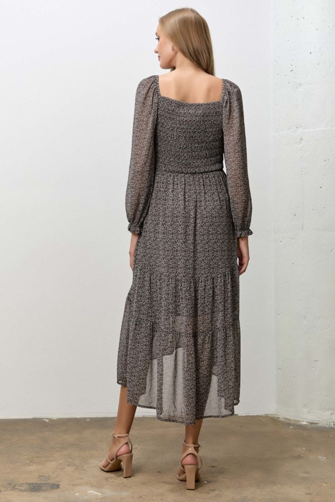 Dark Brown Floral Smocked Long Sleeve Midi Dress