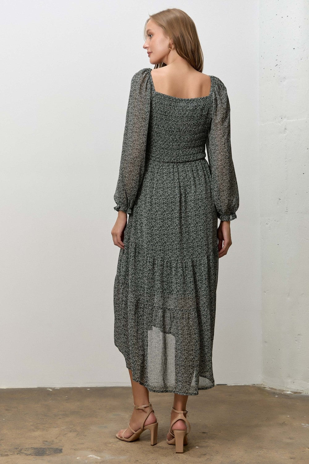 Hunter Green Floral Smocked Long Sleeve Midi Dress