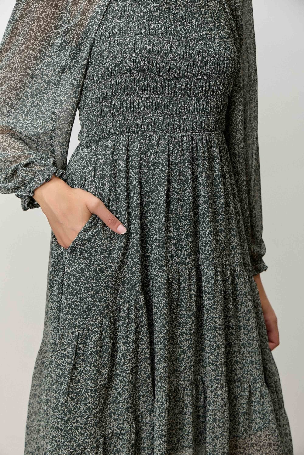 Hunter Green Floral Smocked Long Sleeve Midi Dress