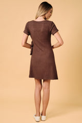 Brown Ribbed Short Sleeve Side Tie Mini Dress