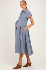 Navy Gingham Button Down Tie Waist Maternity Shirt Dress