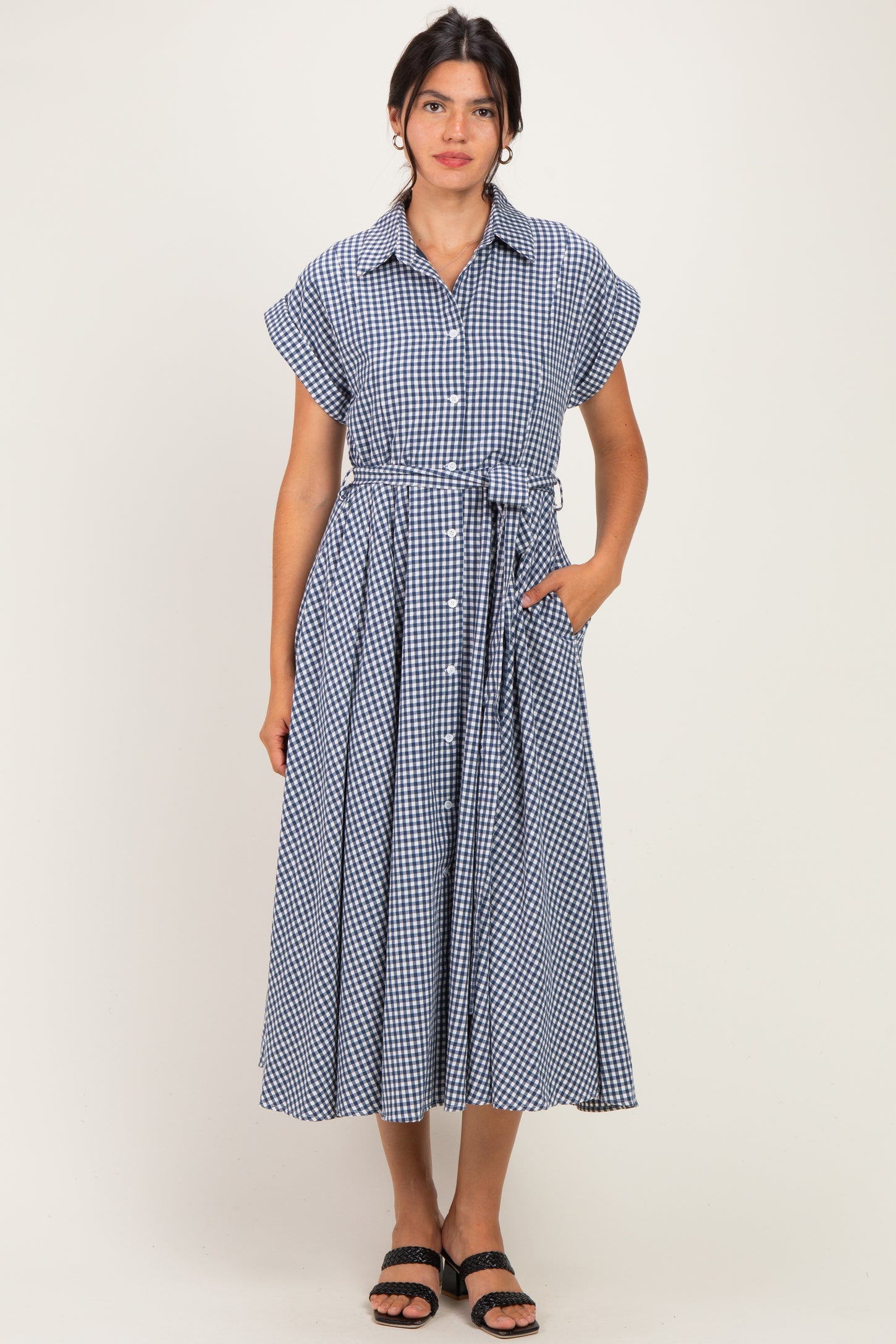 Navy Gingham Button Down Tie Waist Maternity Shirt Dress