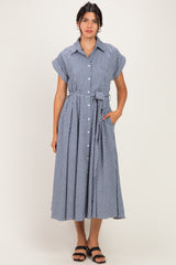 Navy Gingham Button Down Tie Waist Maternity Shirt Dress
