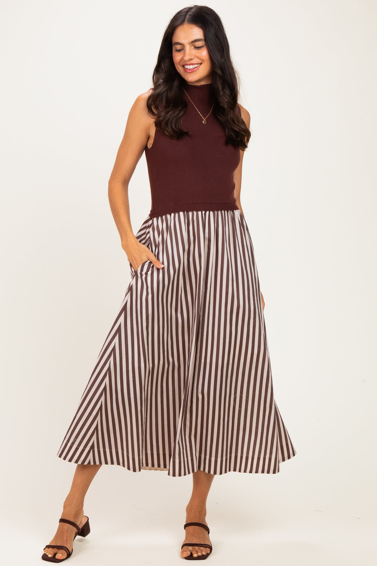 Brown Sleeveless Mock Neck Contrast Striped Skirt Midi Dress