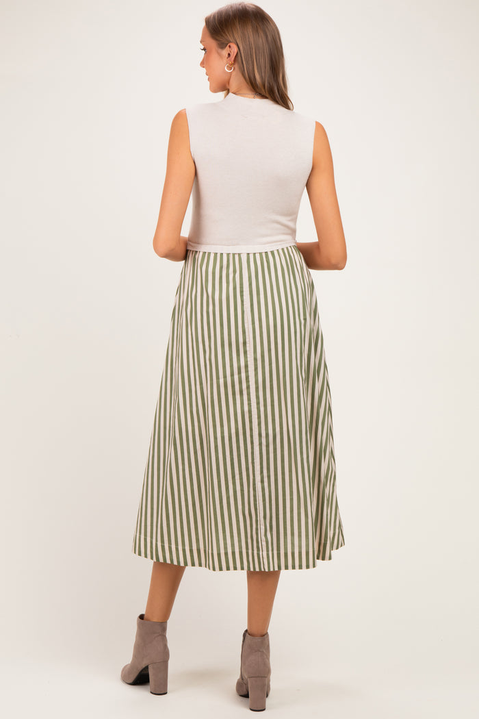 Ecru Sleeveless Mock Neck Contrast Striped Skirt Maternity Midi Dress