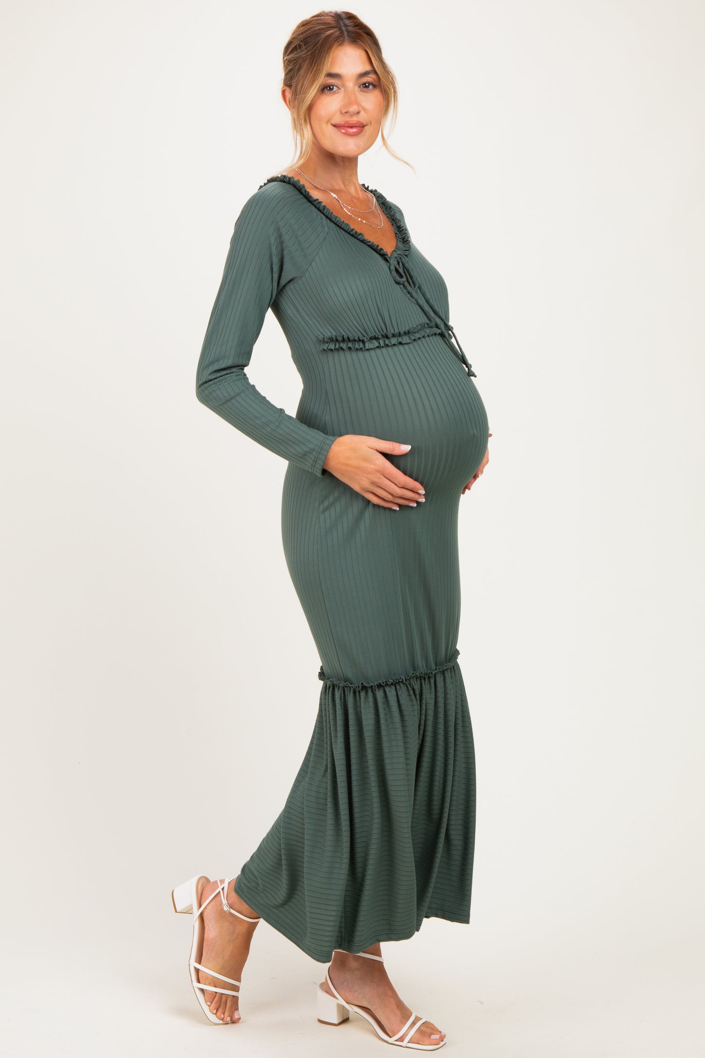 Olive Ribbed Long Sleeve Ruffle Trim Off Shoulder Maternity Maxi Dress