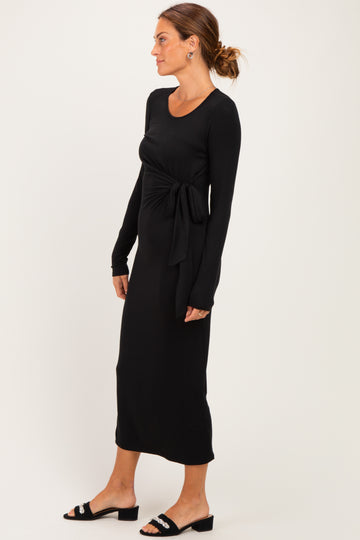 Black Long Sleeve Knotted Waist Maxi Dress