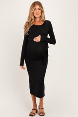 Black Long Sleeve Knotted Waist Maternity Maxi Dress