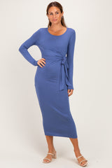 Blue Long Sleeve Knotted Waist Maternity Maxi Dress