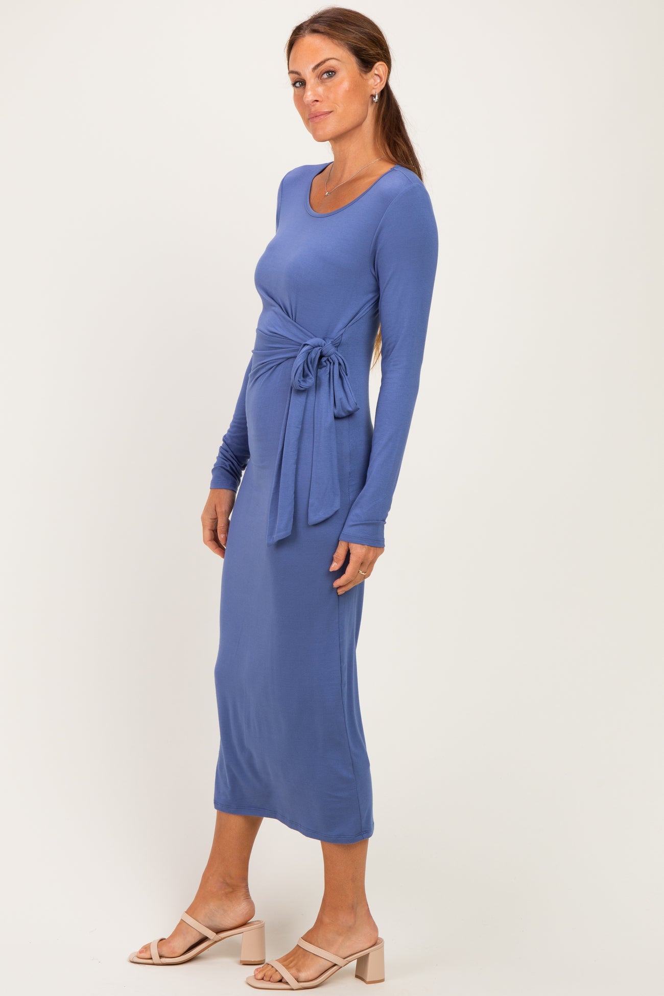 Blue Long Sleeve Knotted Waist Maxi Dress