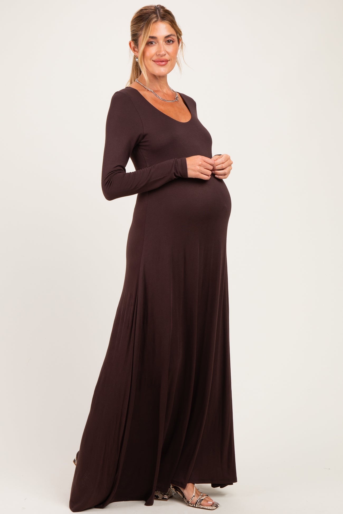 Brown Solid Long Sleeve Scoop Neck A-Line Maternity Maxi Dress