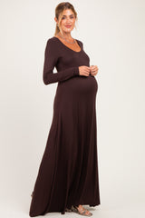 Brown Solid Long Sleeve Scoop Neck A-Line Maternity Maxi Dress