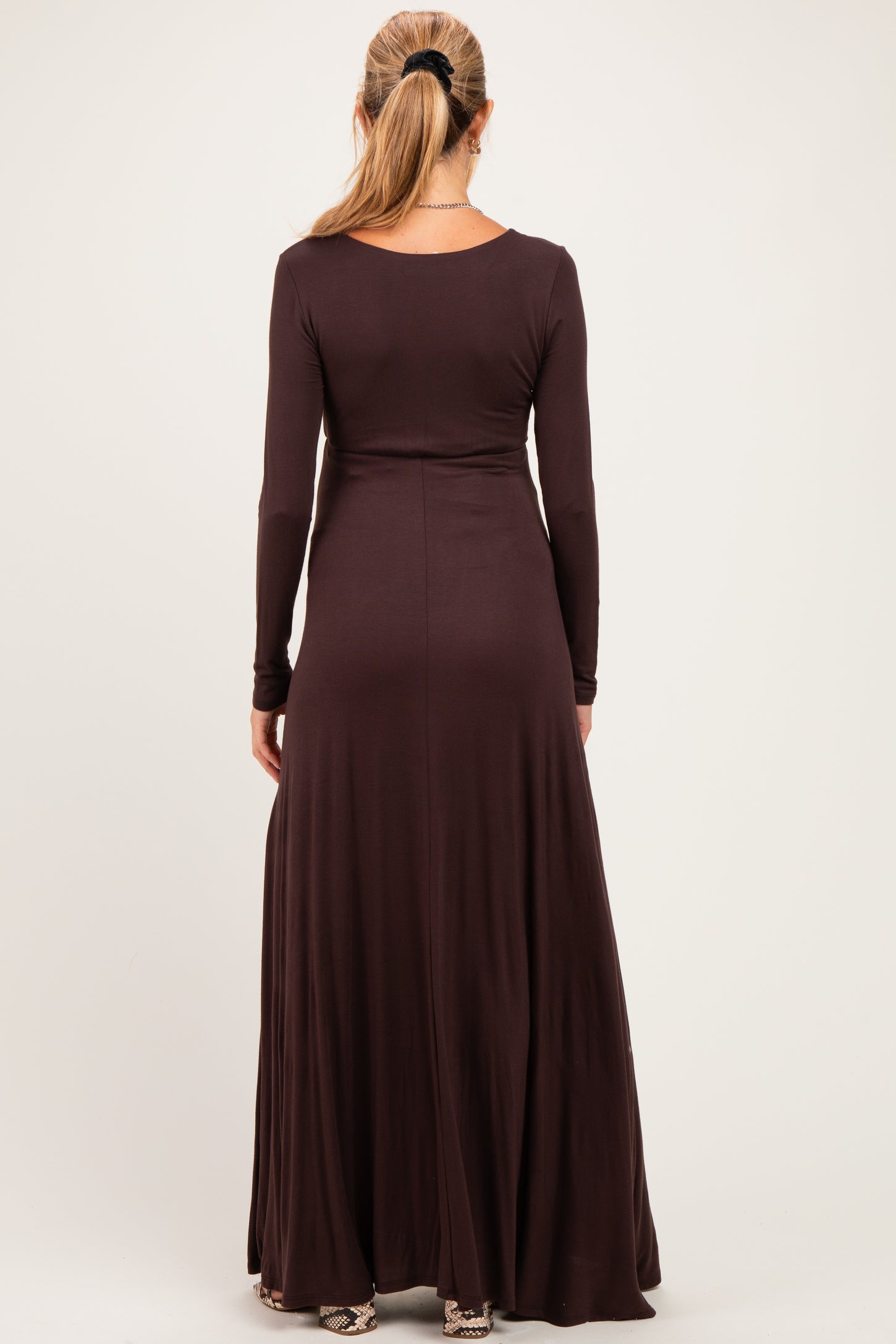 Brown Solid Long Sleeve Scoop Neck A-Line Maternity Maxi Dress