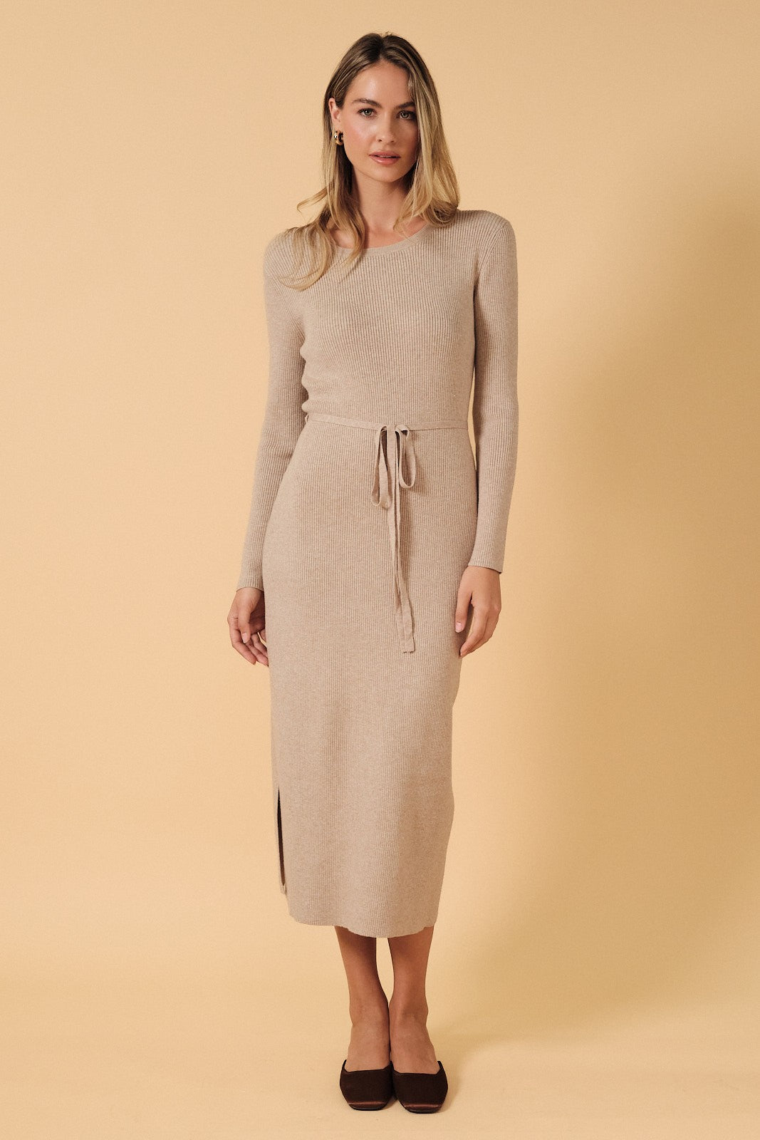 Oatmeal Ribbed Side Slit Maternity Midi Dress