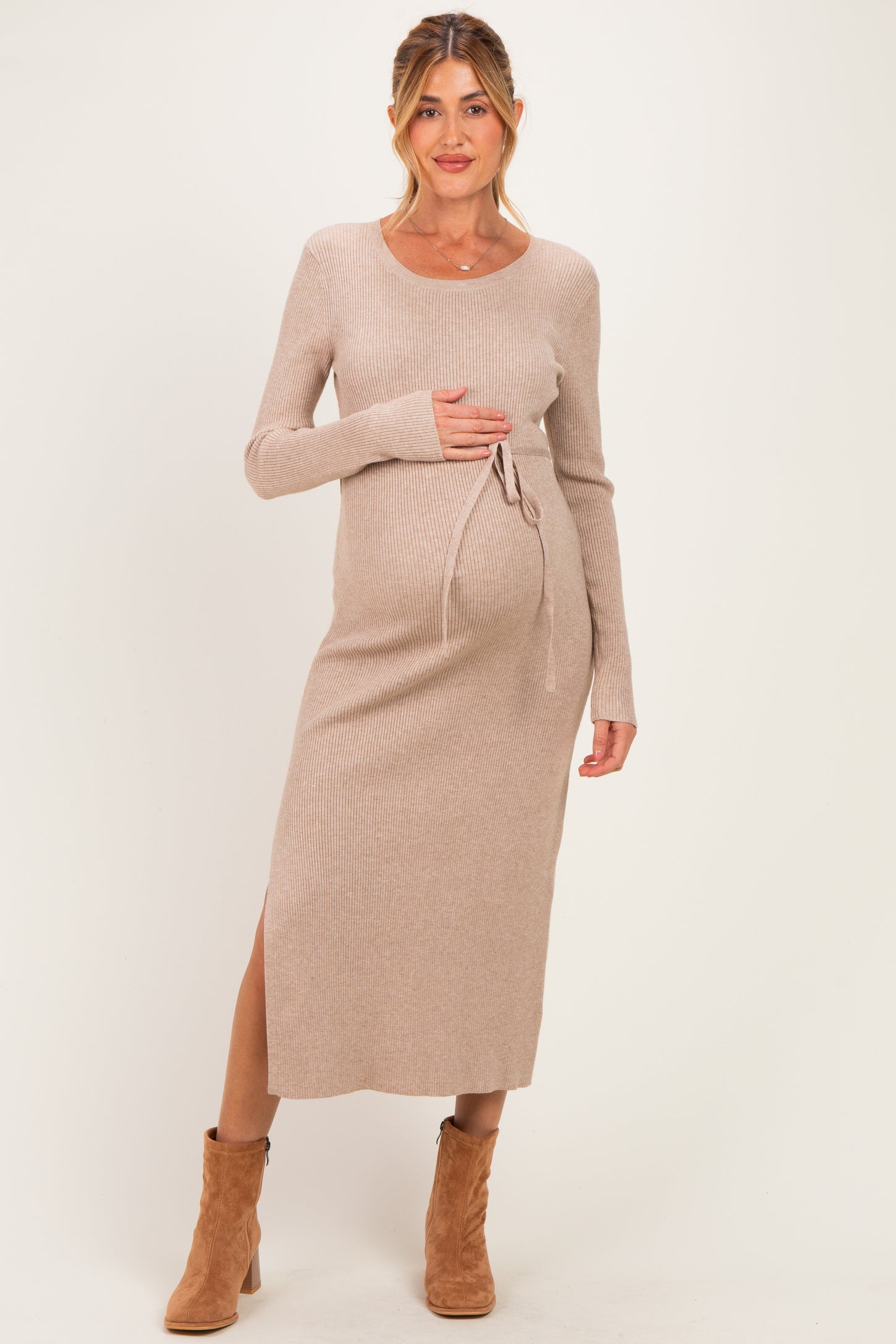 Oatmeal Ribbed Side Slit Maternity Midi Dress