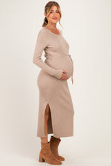 Oatmeal Ribbed Side Slit Maternity Midi Dress