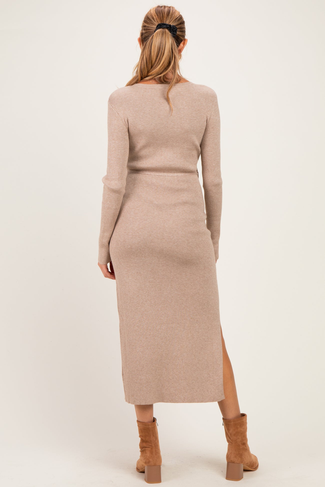 Oatmeal Ribbed Side Slit Maternity Midi Dress