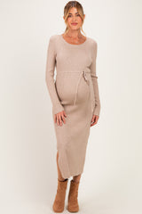 Oatmeal Ribbed Side Slit Maternity Midi Dress