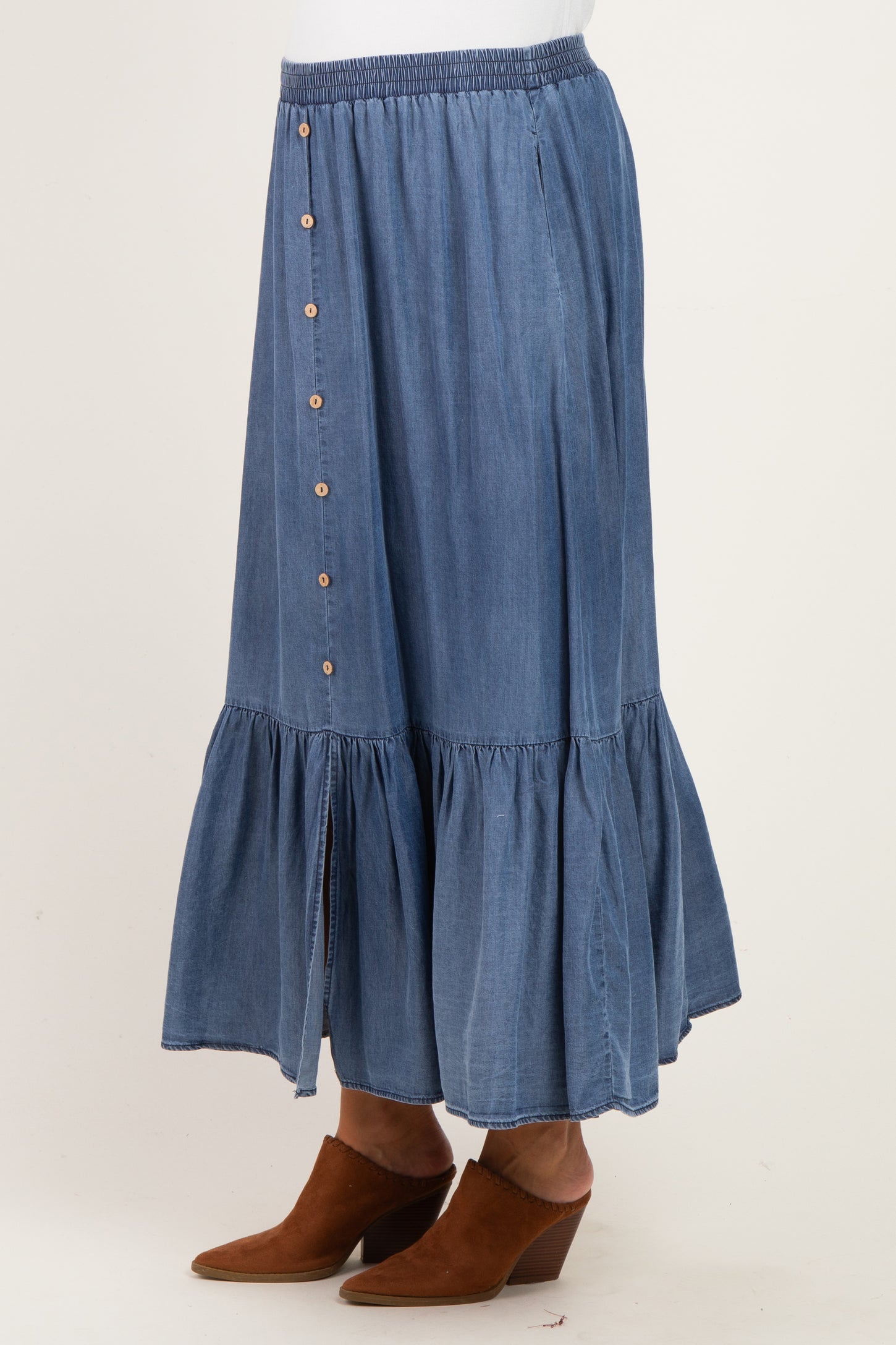 Denim Chambray Medium Wash Tiered Maternity Maxi Skirt