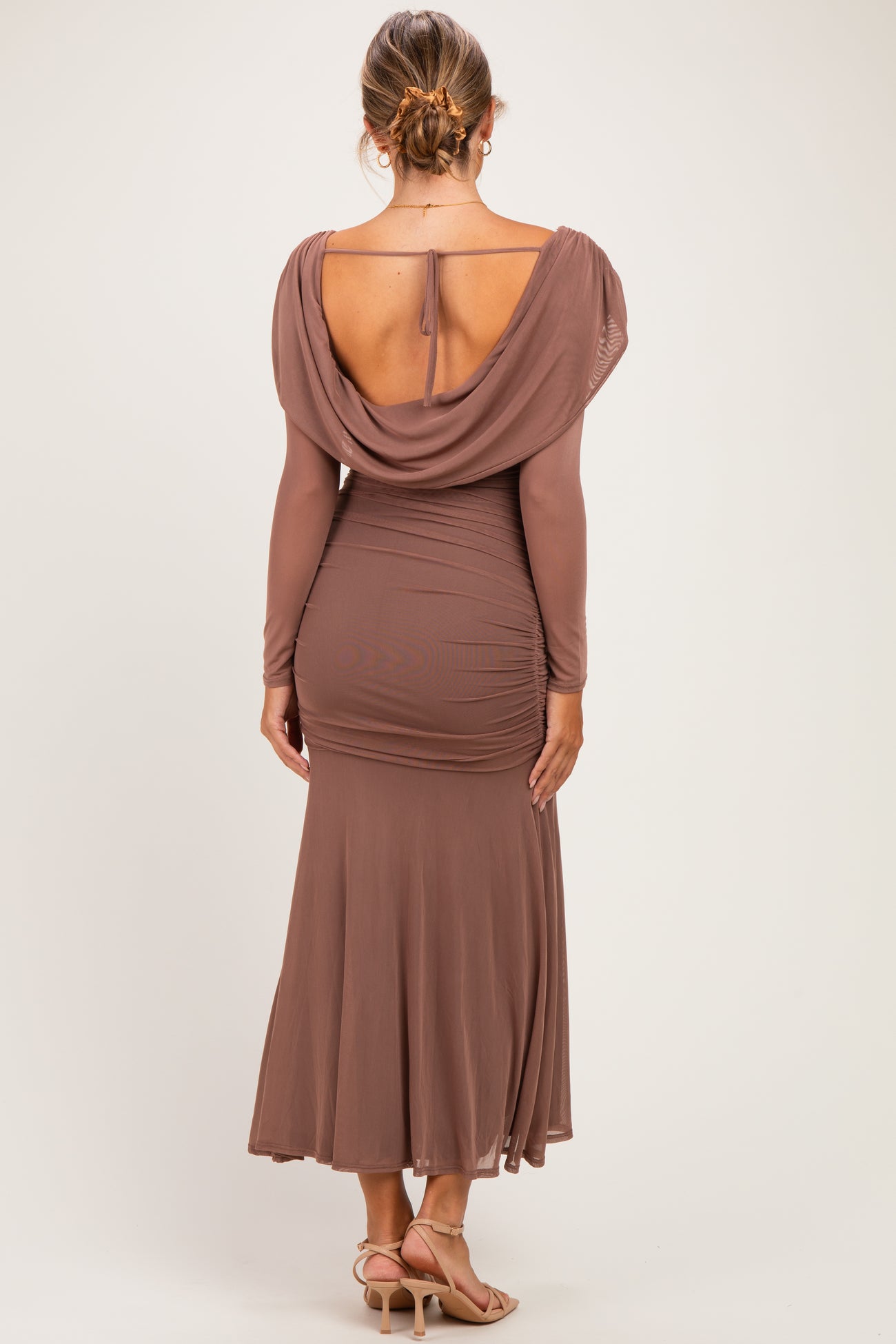 Mocha Mesh Draped Shoulder Long Sleeve Maternity Maxi Dress