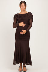 Chocolate Mesh Draped Shoulder Long Sleeve Maternity Maxi Dress