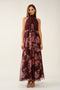 Burgundy Chiffon Floral Mock Halter Maxi Dress